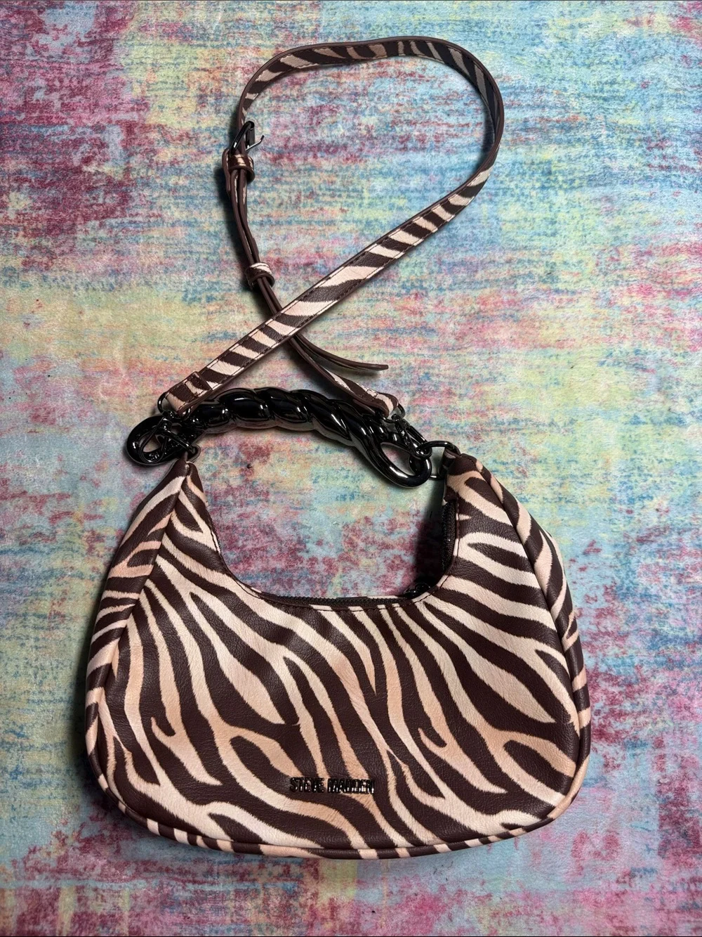 Steve Madden Brown and Cream Zebra Shoulder Bag with Chain Handle